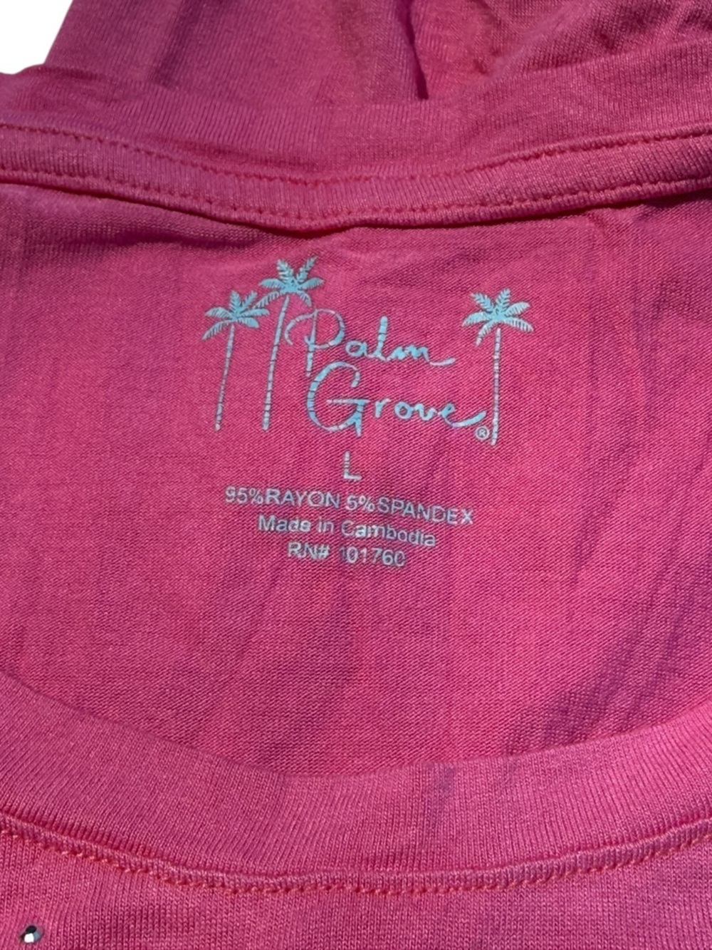 Palm Grove Pink Rhinestone Ruched Side 3/4 Sleeve Tunic Top L Rayon Spandex - Picture 6 of 8